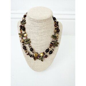 Genuine Pearls, Quartz & Glass Beads Necklace Sterling Silver Clasp Brown Gold